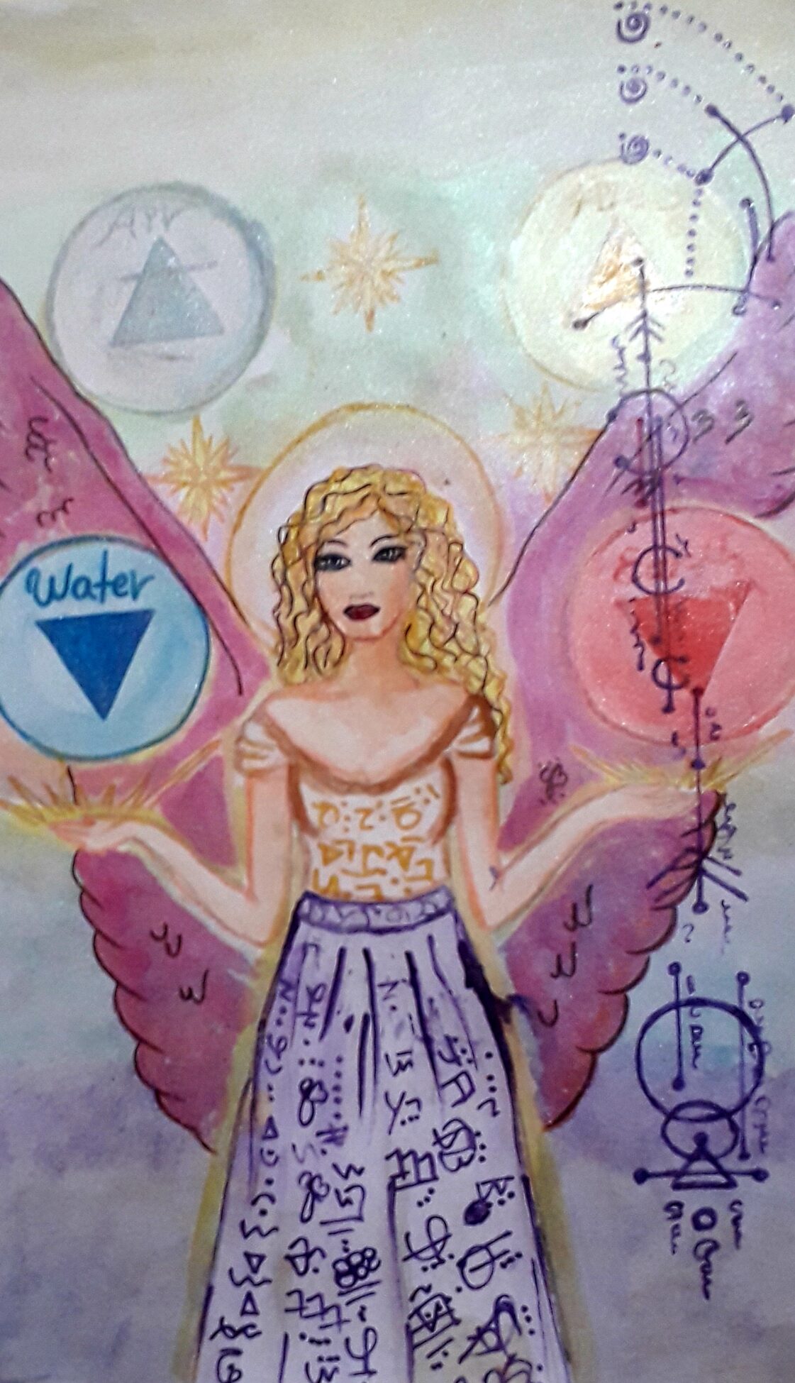Watercolour of a winged figure with a gold halo, holding the alchemical symbol for water, surrounded by orbs and hand-drawn sigils.