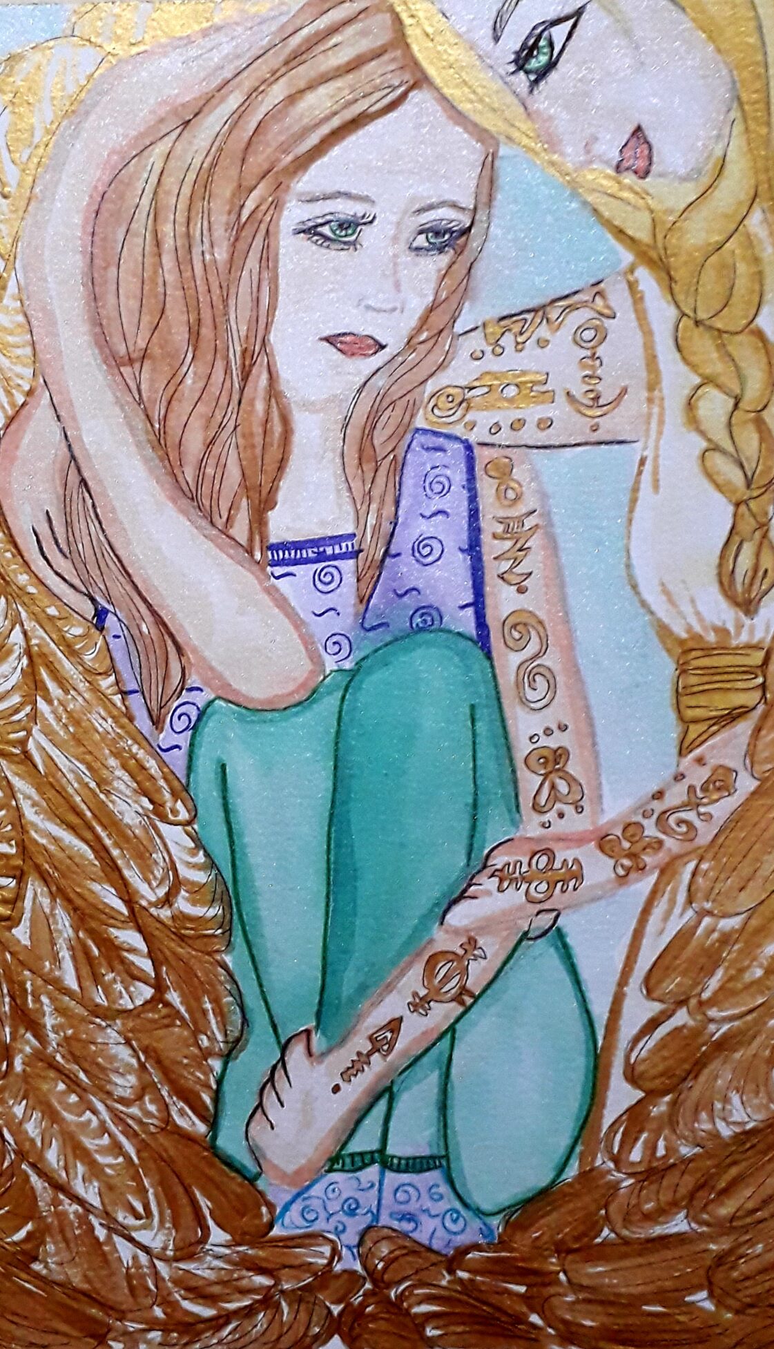 Watercolour of a seated figure with long hair, knees drawn up, arms marked with drawn symbols, against gold wing forms.